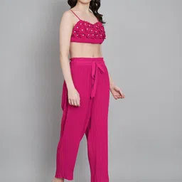 Amagyaa 3D Floral with Pearl Work Shoulder Straps Crop Top & Trouser Co-Ords-image-74