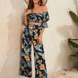 Kotty Navy Blue Printed Off Shoulder Top With Trouser-picture-14