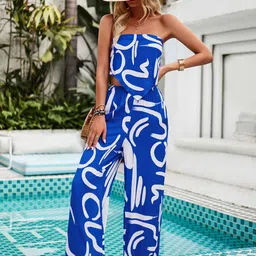 all about you Blue Abstract Printed Strapless Casual Top With Trouser image 1