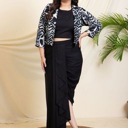 DEEBACO Printed Lapel Collar Three-Quarter Sleeves Blazer & Top With Dhoti Pant-19