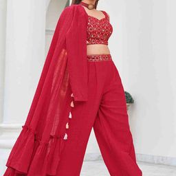 Mitera Red Embroidered Top With Palazzo & With Shrug image 3