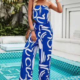 all about you Blue Abstract Printed Strapless Casual Top With Trouser image 3
