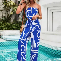 all about you Blue Abstract Printed Strapless Casual Top With Trouser image 5