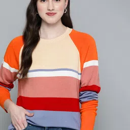Mast & Harbour Women Blue & Orange Striped Pullover-picture-49