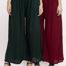 Miaz Lifestyle Women Green & Maroon Flared Knitted Palazzos Pack Of 2-picture-16