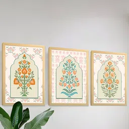 Art Street Orange & Green 3 Piece Indian Lotus Floral Motif Painting Wall Art-image-96