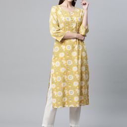 Readiprint Fashions Women Mustard Yellow & Off White Floral Printed Mirror Work Kurta-picture-19