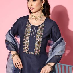 SheWill Navy Blue Floral Embroidered Gotta Patti Kurta with Trousers with Dupatta-image-82