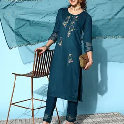 SheWill Women Teal Green Ethnic Motifs Embroidered Kurta with Trousers & With Dupatta-image-44