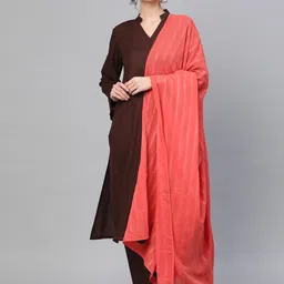 Idalia Women Coffee Brown & Peach-Coloured Solid Kurta with Palazzos & Dupatta-picture-27