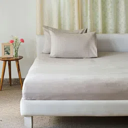 Fabindia Taupe 104 TC Chambray Cotton King Bedsheet With 2 Pillow Covers-image-71