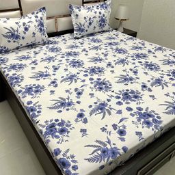 Pure Decor Blue & White Floral 300 TC Queen Bedsheet with 2 Pillow Covers-image-87