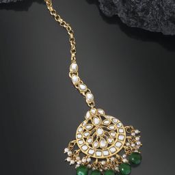 Peora Gold Plated Wedding Kundan Studded Handcrafted Green Pearl Maang Tikka-32