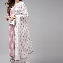 Yufta Women Mauve Ethnic Motifs Printed Regular Kurta with Palazzos & With Dupatta image 2
