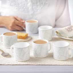 Larah by BOROSIL Premia Series Ivy White & Grey 6Pcs Leaf Printed Opalware Cups 100ml Each image 1