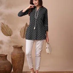 INDYES Ethnic Motifs Printed Mirror Work Mandarin Collar Pure Cotton Kurti image 4