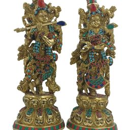 Arihant Craft Gold Toned & Green 2 Pieces Brass Medium Size Radha Krishan Showpiece-10