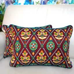 TARA- Sparkling Homes Red & Yellow Set of 2 Embroidered Rectangle Cushion Covers-32