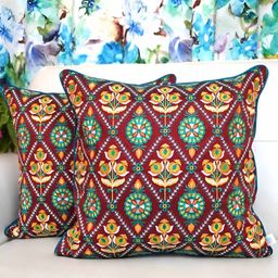 TARA- Sparkling Homes Red & Green Set of 2 Embroidered Square Cushion Covers-23