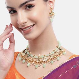Anouk Gold-Plated Lotus Mint Drop Earrings Kundan Necklace Set-image-84