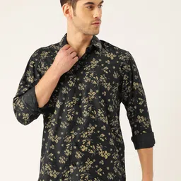 SOJANYA Men Black & Green Classic Regular Fit Floral Print Casual Shirt-image-76