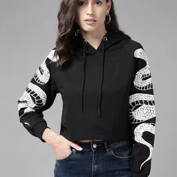 The Dry State Women Black Snake Printed Fleece Hooded Crop Sweatshirt-picture-9