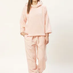 LILL Women Peach-Coloured Solid Fleece Hooded Winter Night Suit with Eye Mask-picture-12