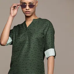 Roadster Printed Mandarin Collar Roll-Up Sleeves Shirt Style Top-image-13
