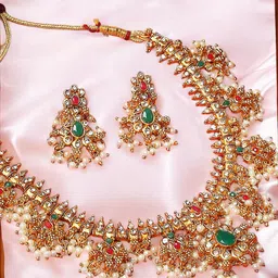 Anouk Stones Studded & Pearl Beaded Temple Ethnic Jewellery Set-44