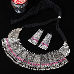 PANASH Oxidised Silver-Toned & Pink Stone Studded Jewellery Set-image-47