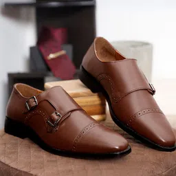 LOUIS STITCH Men Tan Premium Italian Leather Formal Monk Shoes-image-46