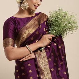 HERE&NOW Purple & Gold-Toned Woven Design Zari Silk Blend Banarasi Saree-image-69