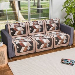 Kuber Industries White & Brown Set Of 2 Geometric Printed 3 Seater Velvet Sofa Cover-81