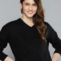 HERE&NOW Women Black Solid V-Neck Pullover with Sheen Detail-picture-51