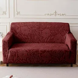 HOUSE OF QUIRK Maroon Self Design Jacquard Soft Touching 2 Seater Sofa Cover-35