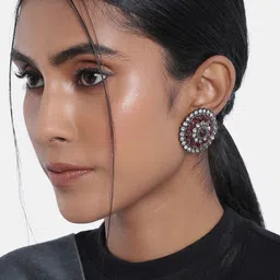 I Jewels Maroon Oxidised Enamelled Kundan Studded Circular Studs-39