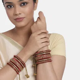 Peora Set of 10 Maroon Handcrafted Silk Thread Kundan Star Studded Chuda Bangles-image-15