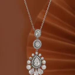 Carlton London Women Premium Rhodium-Plated Pearl Teardrop Shaped Pendant with Chain-image-30