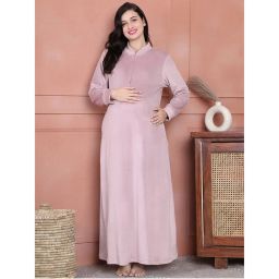 Secret Wish Pink Solid Velvet Maternity Nighty Full Length-picture-45
