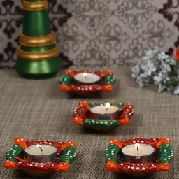 Aapno Rajasthan Set Of 4 Handcrafted Square-Shaped Terracotta Diya-13