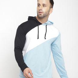 GRITSTONES Men Blue & White Colourblocked Hooded Cotton T-shirt-image-79