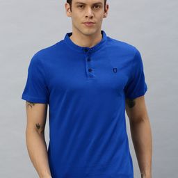 Urbano Fashion Men Blue Solid Mandarin Collar T-shirt-image-77