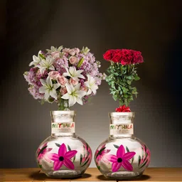 MITHILA Handicrafts Transparent 2 Pieces Floral Printed Round Glass Vases-image-16