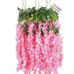 TIED RIBBONS Set Of 6 Pink & Green Artificial Hanging Wisteria Flower-Strings image 1