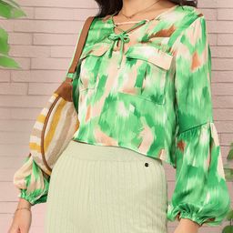 DressBerry Modern Muse Printed Lace-Up Flap Pocketed Satin Top-image-71