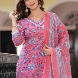 DORIYA Women Floral Printed Regular Thread Work Kurta with Trousers & With Dupatta-8
