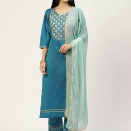 VAABA Women Blue Floral Yoke Design Gotta Patti Kurta with Trousers & With Dupatta-image-7