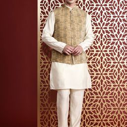 MANQ Solid Kurta & Trousers With Printed Sequinned Velvet Nehru Jacket-picture-16