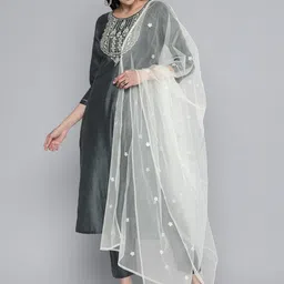 Kvsfab Women Grey Embroidered Regular Sequinned Kurta with Trousers & With Dupatta-10