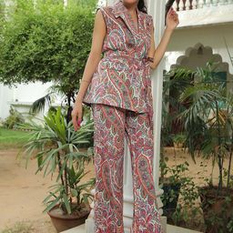 KAORI BY SHREYA AGARWAL Ethnic Motif Printed Pure Cotton Top With Trouser & Belt-picture-2